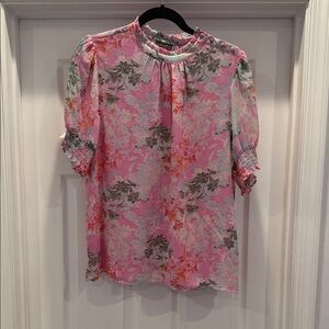 Floral Pink Short-Sleeve Blouse with Ruffled Neckline